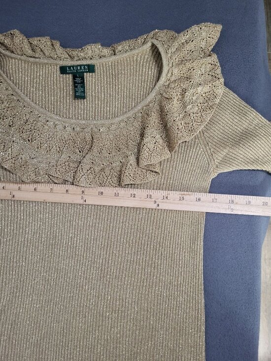 LAUREN RALPH LAUREN Womens L Gold Metallic Silk Polyester Ribbed Sweater Ruffle - Picture 6 of 7